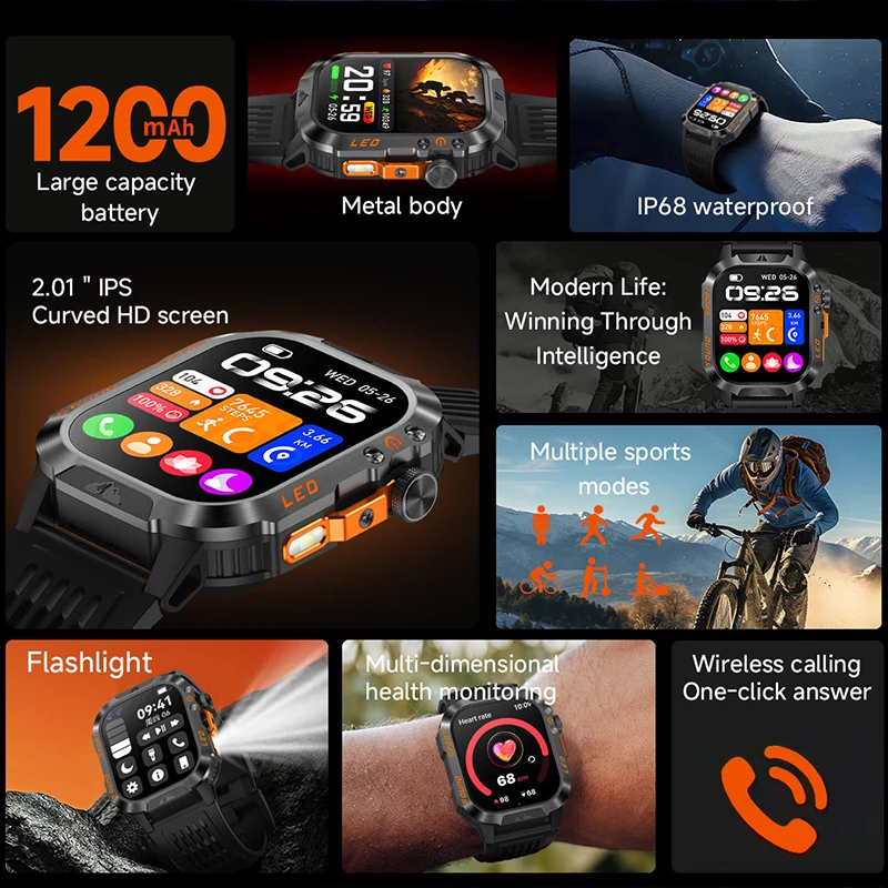 2026New 1200MAH Large Capacity Battery Sports Watch 2.01-inch HD Large Screen Flashlight Sports Modes BT Call Smart Watch Men 2