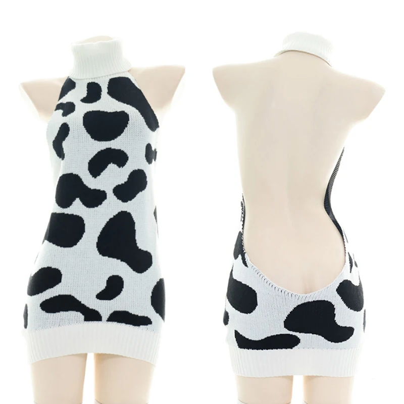 Cute Milk Cow Backless Pullovers Off Shoulder Turtleneck Women Long Sweater Kawaii Korean Fashion Knitted Jumper 6 Colors 4