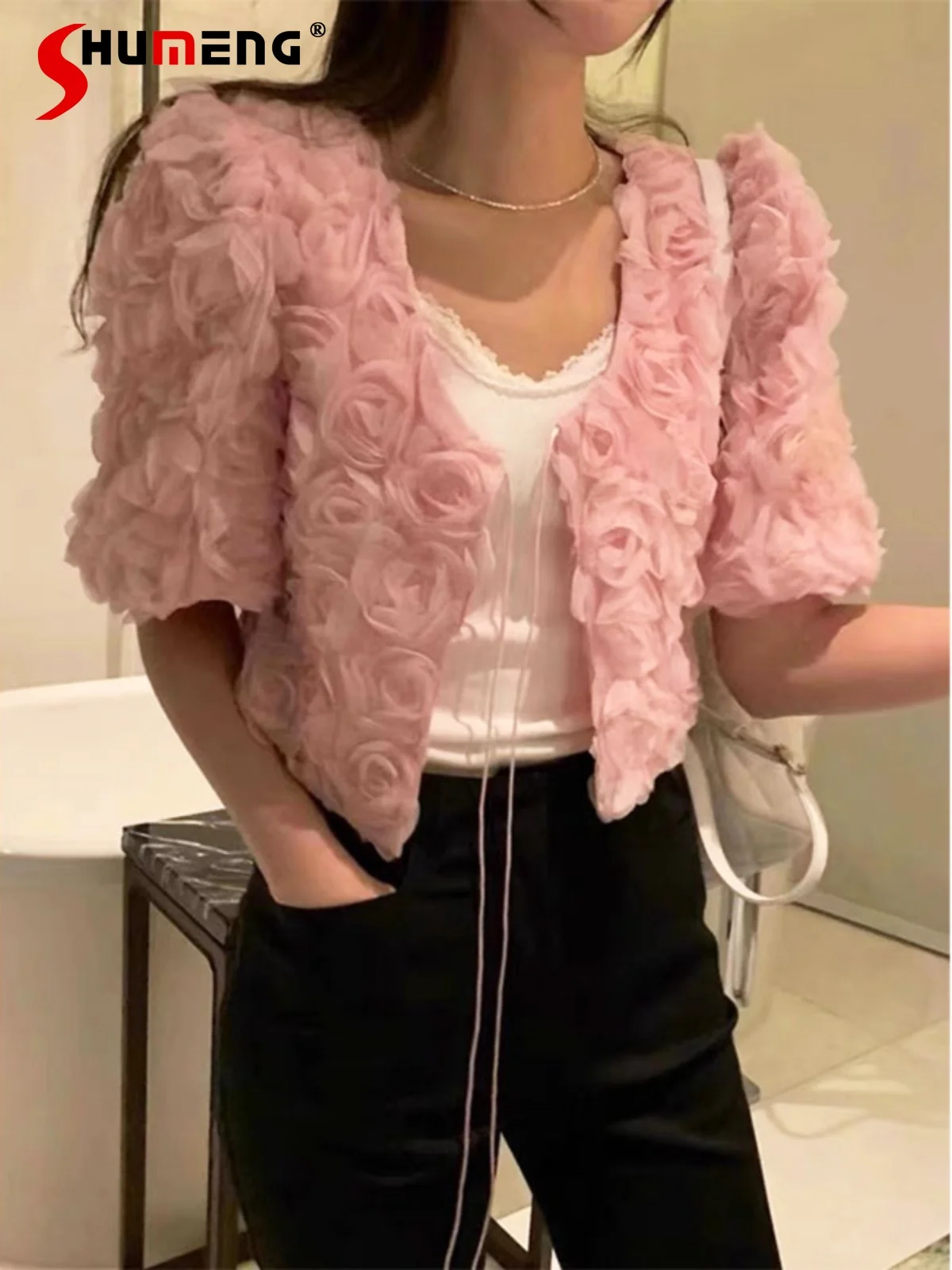 2024 Summer Fashion Three-Dimensional Rose Short Coats Women's Sweet High-End Half Sleeve Solid Color Top Women’s Clothes