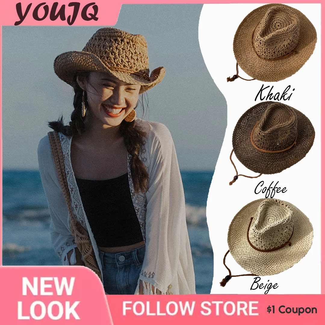 

INS Women's Rolled Edge Hollow Western Straw Cowboy Hats Men's Outdoor Seaside Beach Hat Sun Protection Caps