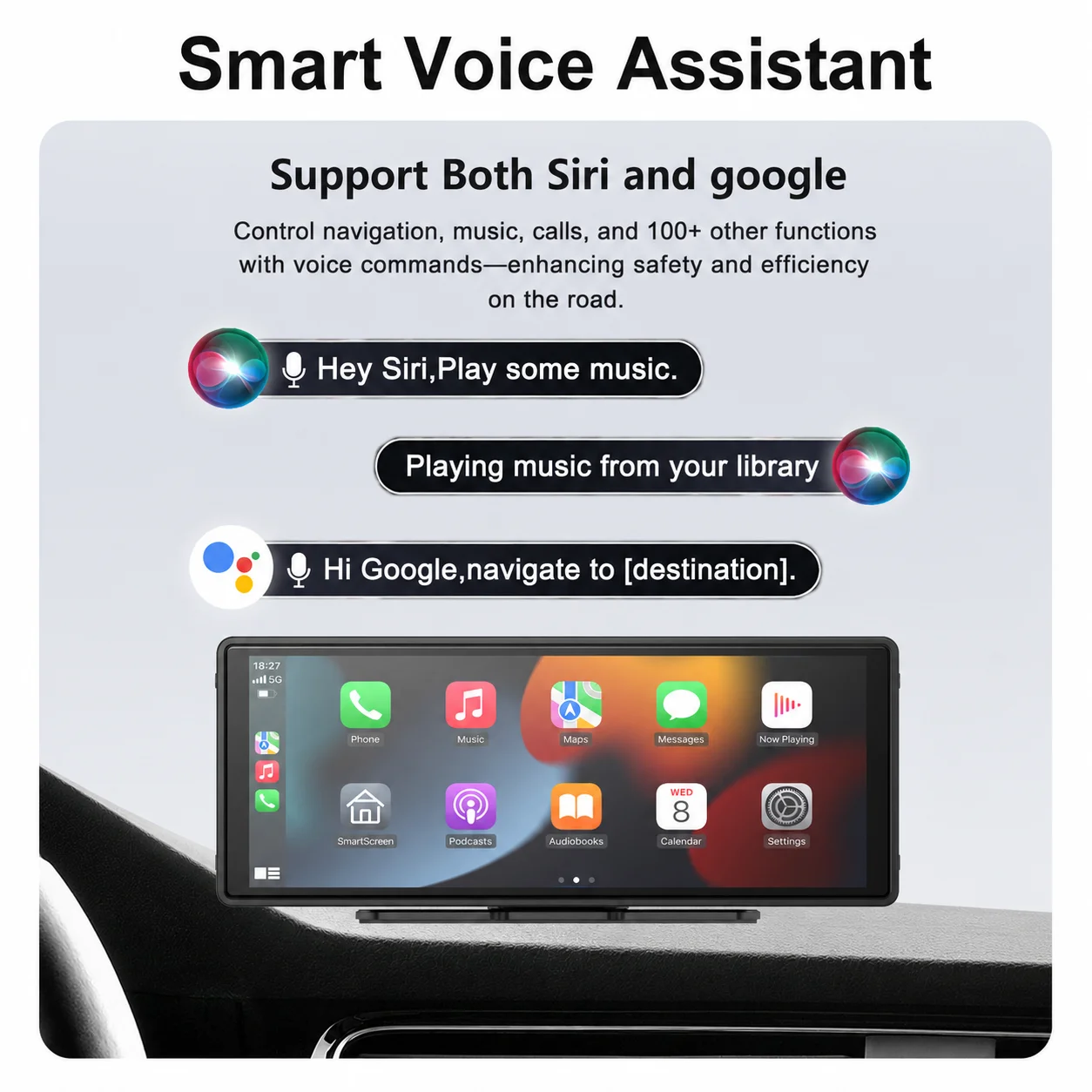 Pantalla Carplay de 10.26 Pulgadas, Reproductor Multimedia Universal Inalámbrico con Carplay y Android Auto, Control por Voz Inteligente, Pantalla Táctil, Bluetooth 4