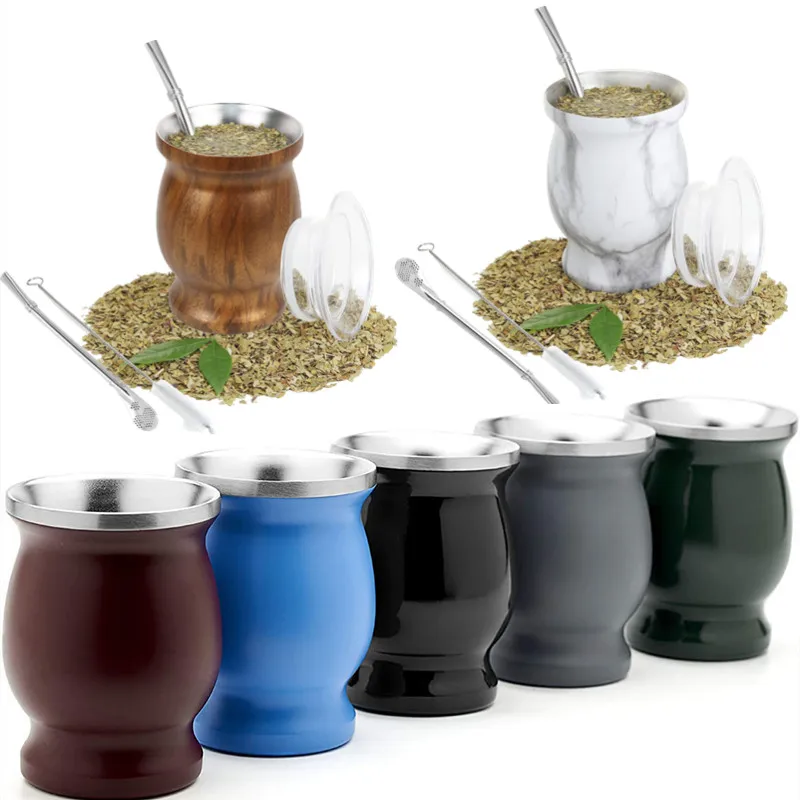 Yerba Mate Gourd Tea Cup Set 8Oz,Double-Wall Stainless Coffee Water Filter Spoon&Brush Cup with Lid 1 Bombillas Straws