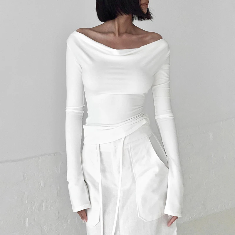 Irregular Swing Collar Ruched Off Shoulder Crop Vest Long Sleeve Backless Strappy Women Casual Tops Streetwear In Autum