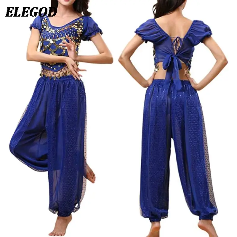 Ladies Belly Dance Costume Set Sequin Crop Top+Harem Pants Outfit Set  Oriental Indian Dance Arabic Halloween Goddess Costumes