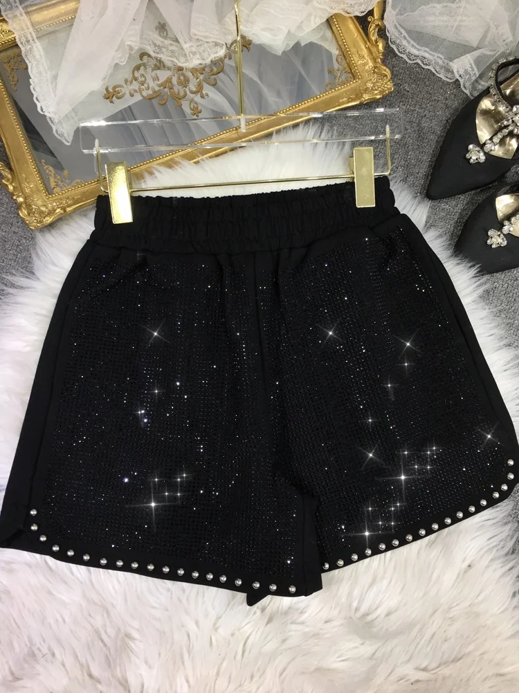 Blingbling Hot Drilling Rivet Summer Women Shorts All-match Spring Summer Hot Shorts Elastic Waist Casual Wide Leg Black Pants