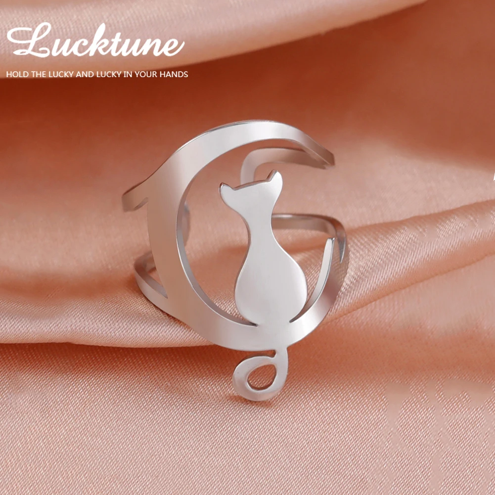 Lucktune 여성용 귀여운 고양이 달 오픈 반지, 스테인레스 스틸 동물 조절 가능한 더블 레이어 와이드 링, 트렌디 쥬얼리, 커플 선물