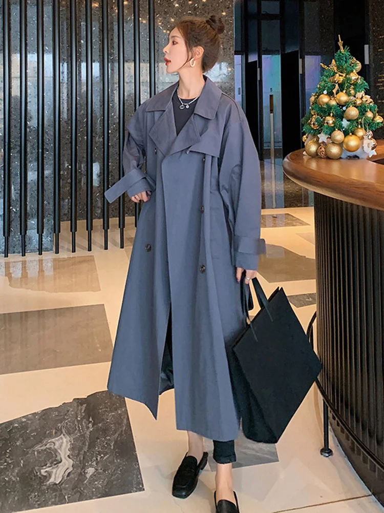 LANMREM 2023 Spring Trench Coat For Women Double Breasted Solid