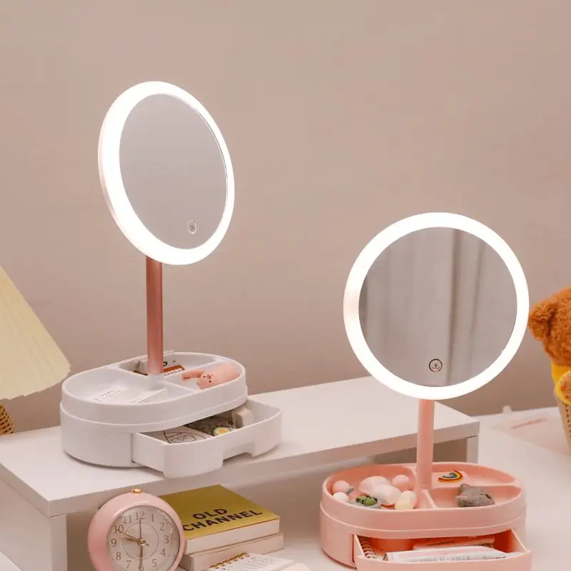 Desk Led Lighted Touch Screen Portable Mini Makeup Mirror Multi-Function Storage Makeup Box Cosmetics Rack Mirror