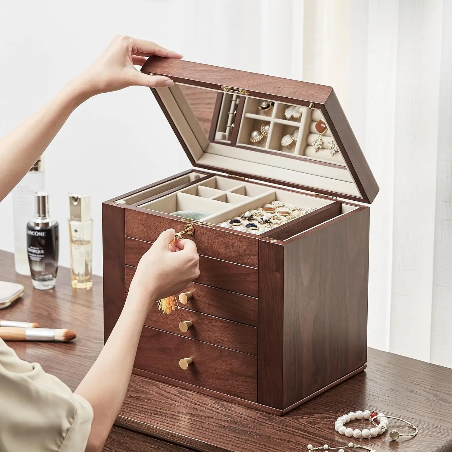 Black Walnut Wooden Jewelry Box, 5-Layer Solid Wood Jewelry Organizer with 2 Side Doors Mirror Lockable Classical Style 5