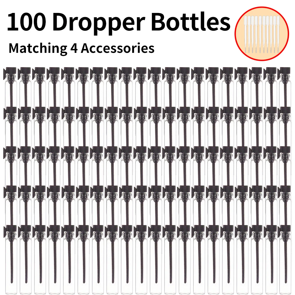 100Pcs+10 Accessories 1ml Glass Refillable Perfume Sample with 100 Dropper Bottles, 10 0.5ml Pipettes