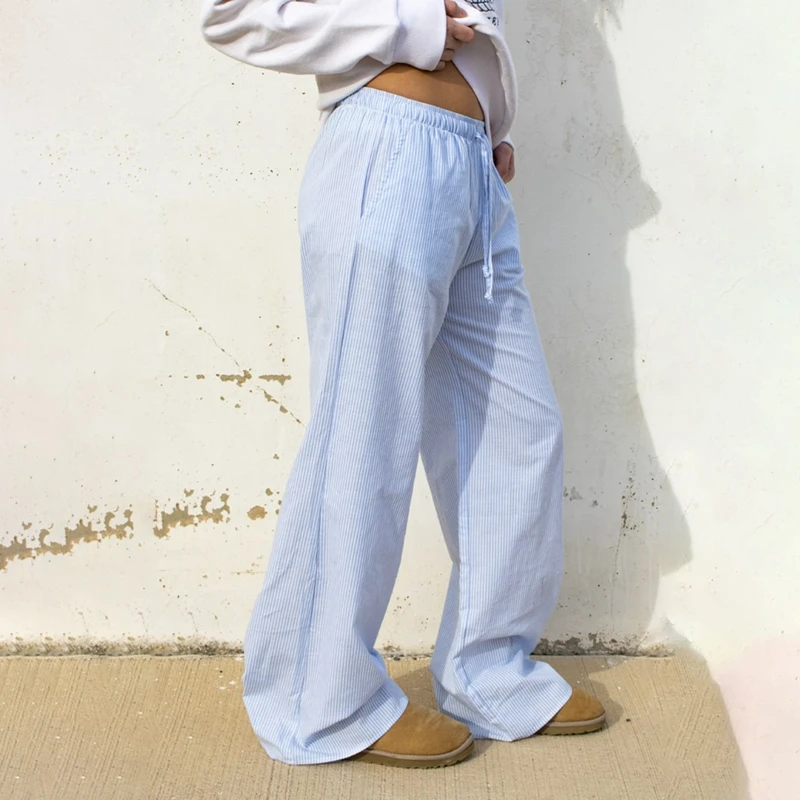 Pantalones anchos a rayas de moda elegante para mujer, ropa de calle coreana, informales, con cordón, de cintura alta, sueltos, rectos, largos, ropa de estar por casa