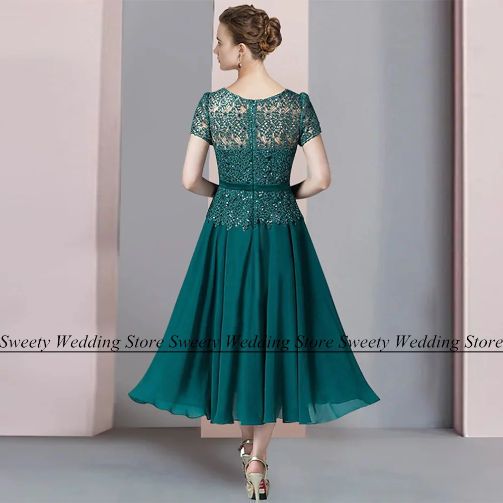 Jiayigong Emerald Green V Neck Mother of The Bride Dress Short Sleeves Beads Lace Tea Length Chiffon A Line Wedding Guest Gown - Image 3