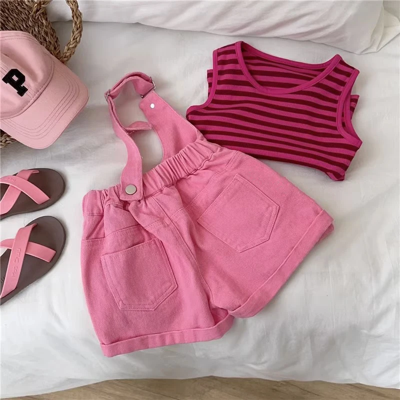 Cute Girls Summer Clothes Set Stripe Tank Top Overall