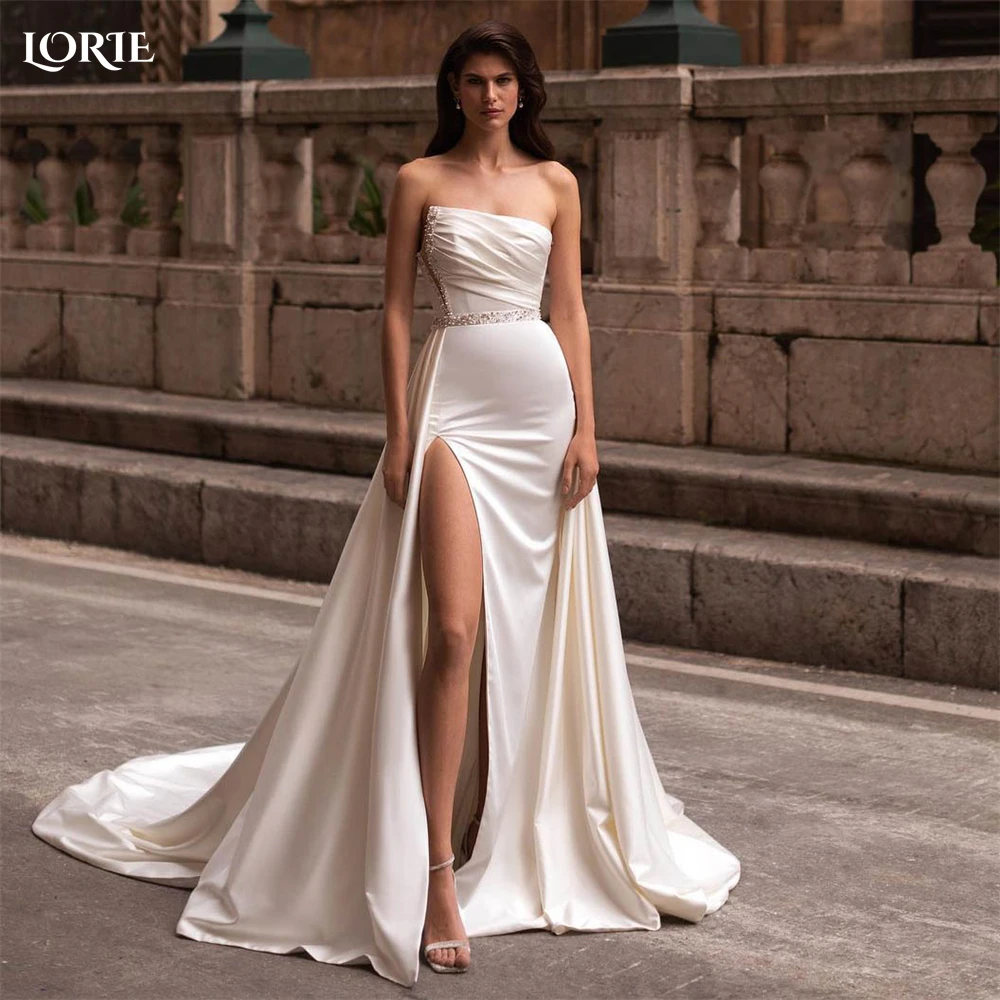 

LORIE Luxury Mermaid Wedding Dresses Pleated Off Shoulder Beaded Side Slit Elastic Bridal Gowns Bodycon Bride Dress Custom Size