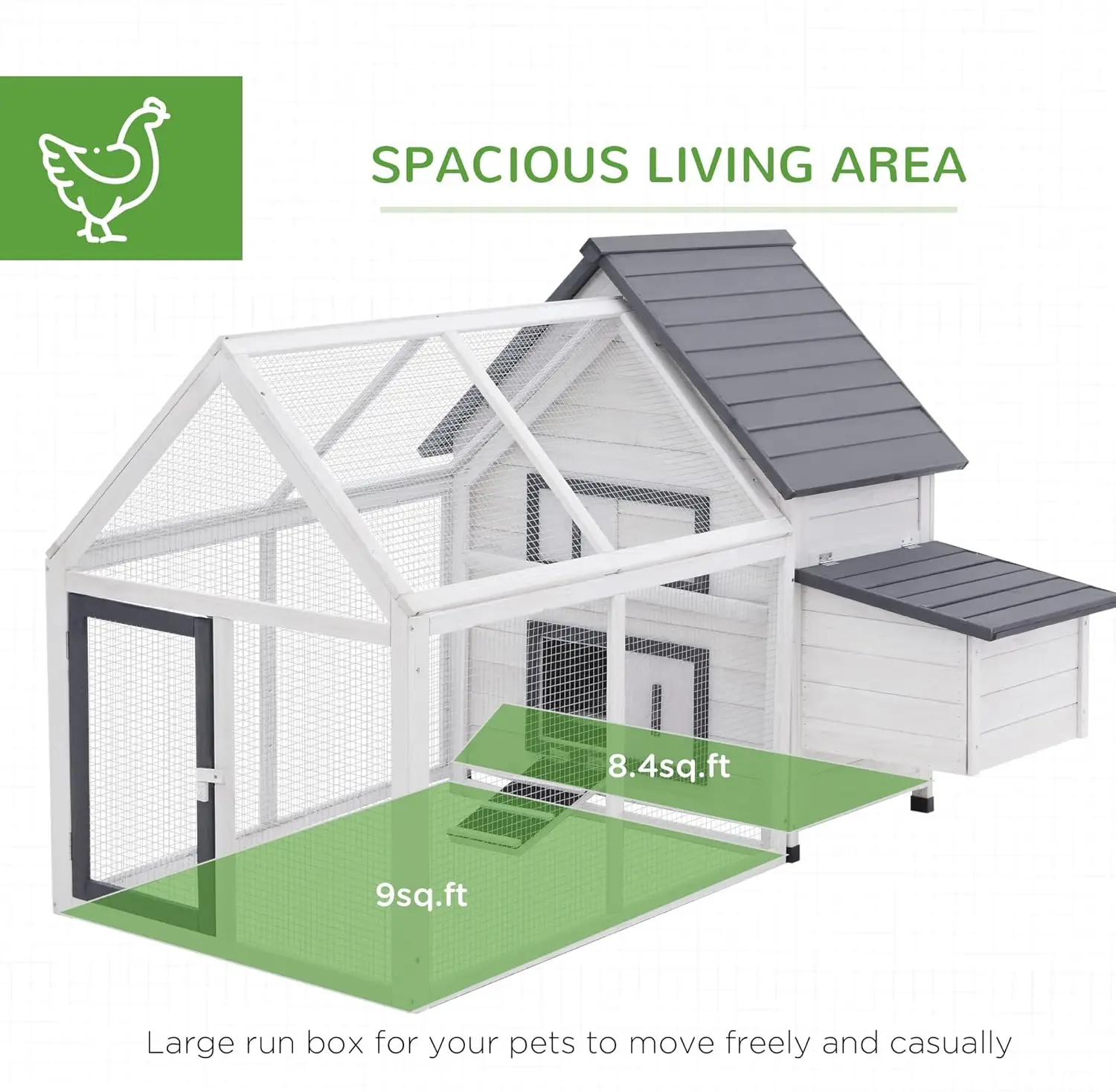 65" Chicken Coop Wooden with Detachable Run, Outdoor Chicken House Poultry Cage Hen with Nesting Box, Removable Tray, 3