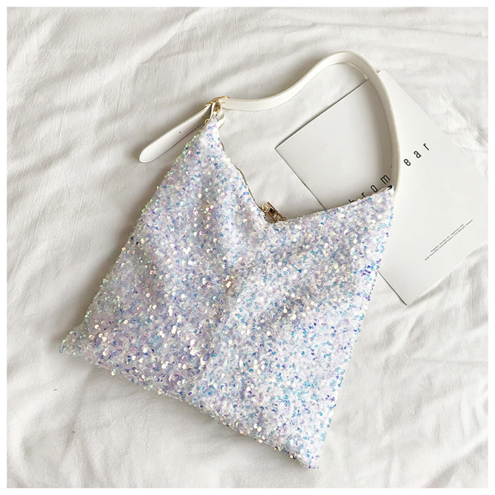 Women's Glitter Sequin Shoulder Tote Bag - Large Capacity Shiny Shopping Bag With Double Zip Closure, Blue - View #5