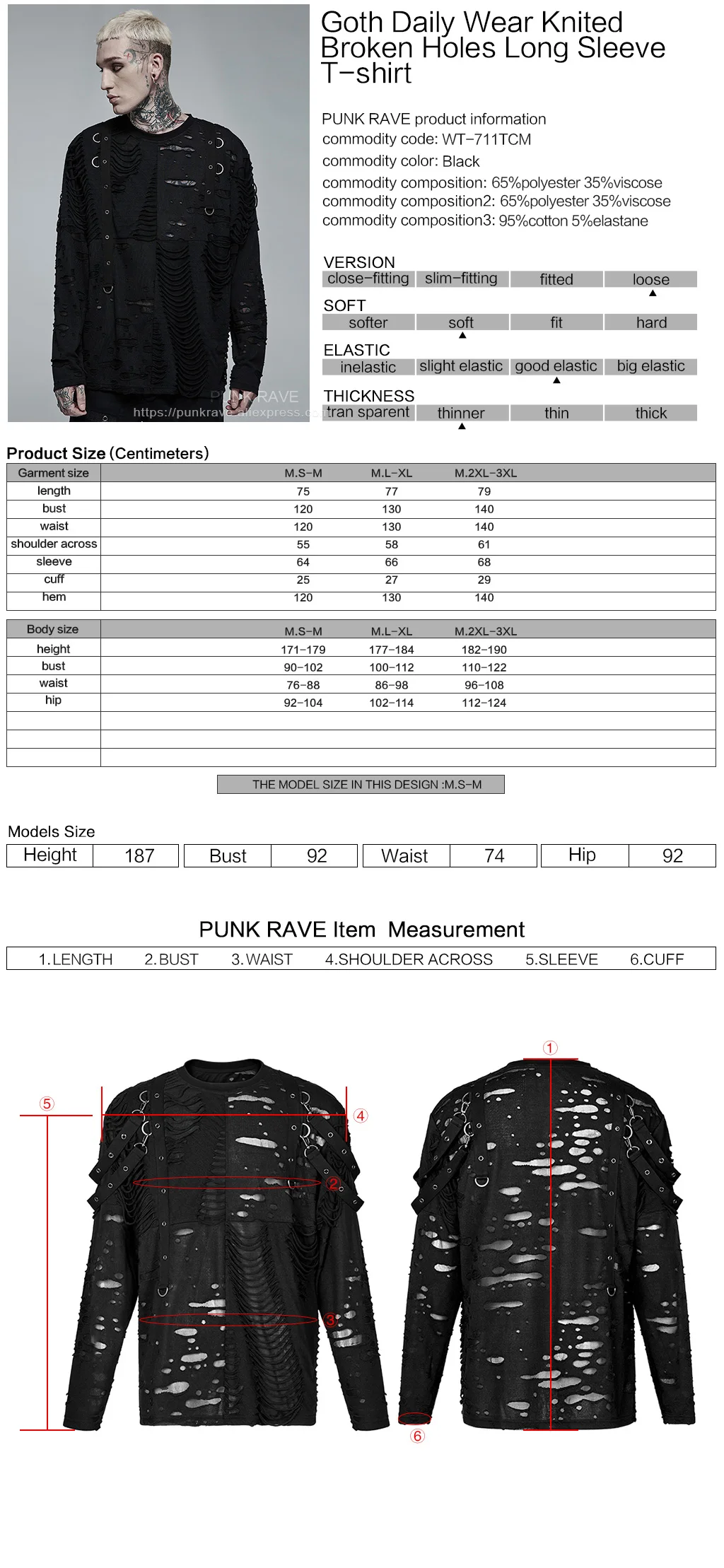PUNK RAVE Men's Gothic Daily Wear Knited Broken Holes Long