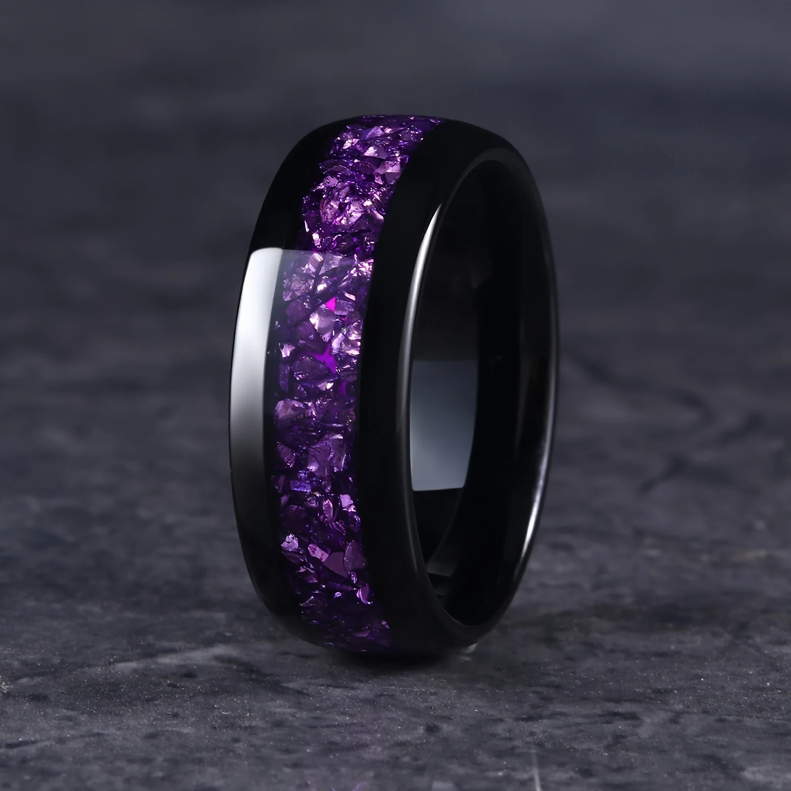 8mm Men Stainless Steel Rings Inlay Galaxy Style Purple Abalone Shell For Men Wedding Engagement Band Jewelry