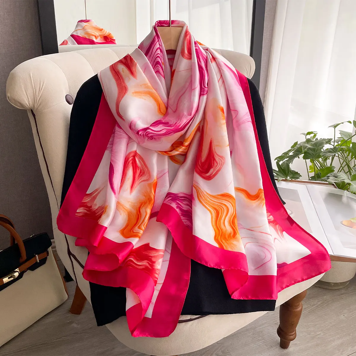 2025 Spring Fashion Dustproof Big Bandanna Popular Satin Finish Silk Shawls Scarves Luxury Print Sunscreen Beach Towel