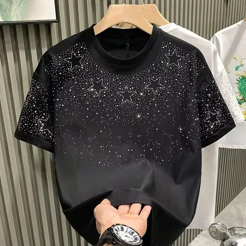 Summer Rhinestone Rivet T-shirt for Men Clothing Round Neck