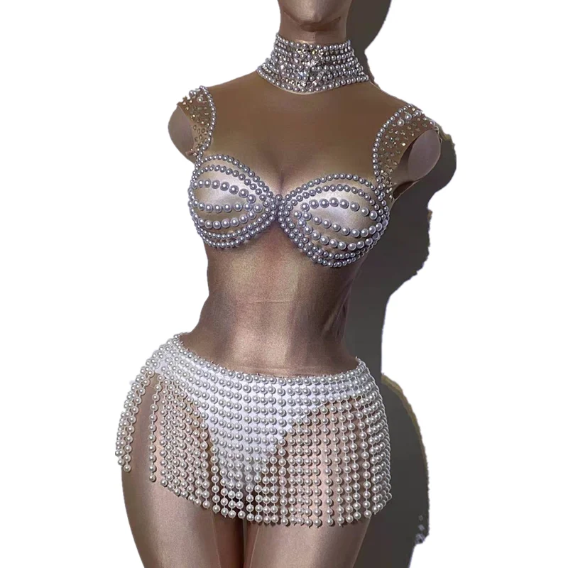 

Nightclub Party Sexy Tassel Pearls Dancer Bodysuit Women Elastic Tights Pole Dance Celebration Nude Leotard Showgirl Stage Wear