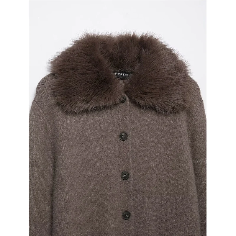 Vintage Casual Chic Women Cardigan Long Sleeve Faux Fur Lapel Knitting Cardigans Fashion 2025 Autumn Winter Elegant Sweater Coat
