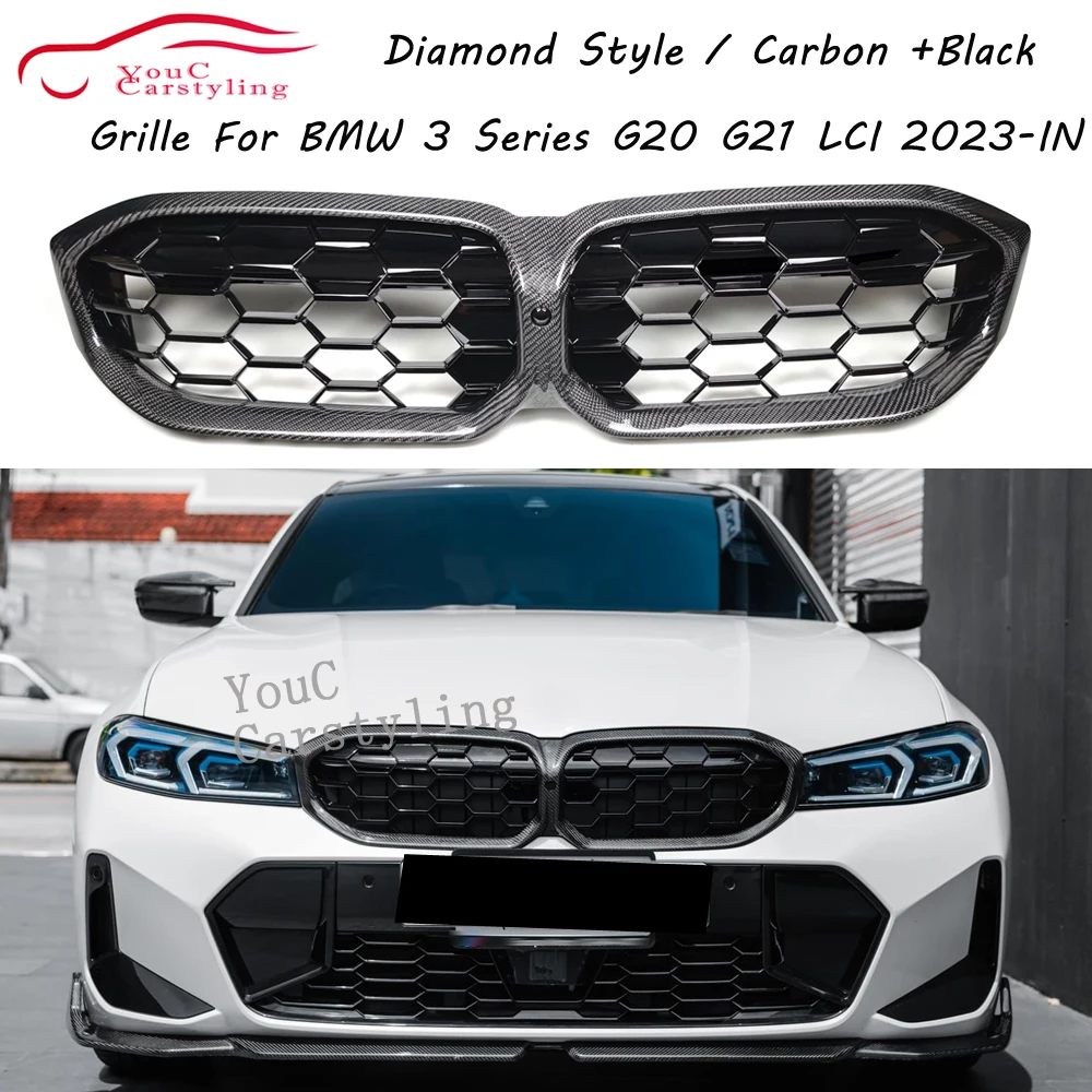 Griglia In Fibra Di Carbonio Diamante G20 Per Bmw Serie 3 G20 G21 318I 320I 330I M340I 330D M340D Griglia Di Ricambio Paraurti Anteriore Lci 23 +