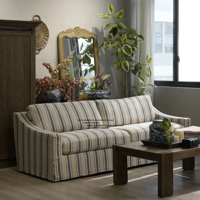 Nordic Wabi-Sabi Mid-Century Striped Linen Fabric Two-Three Seater Sofa, Detachable and Washable, Living Room Furniture 2