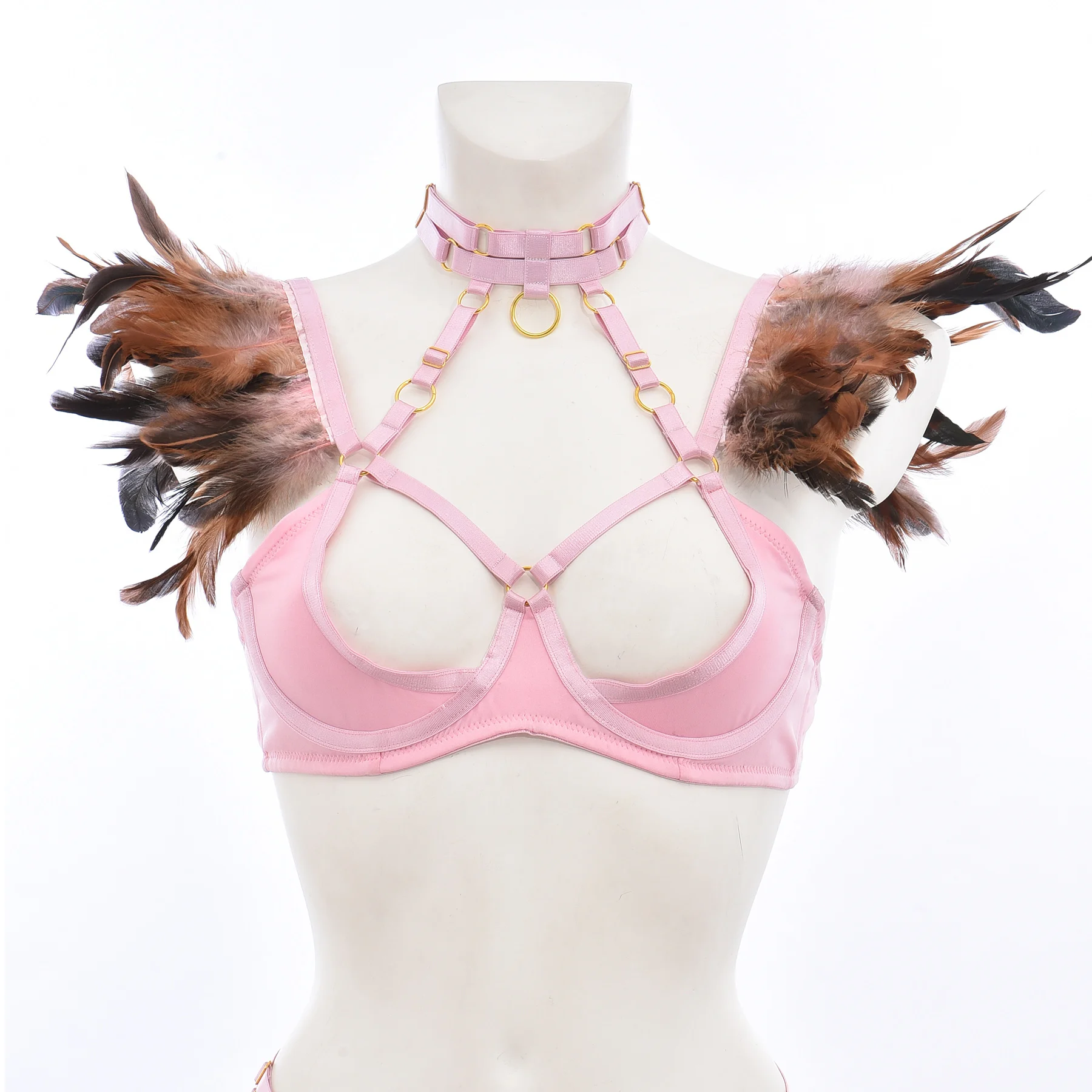 

Women Feather Epaulet Sexy Body Harness Crop Top Bra Punk Goth Hollow Halloween Collar Punk Adjustable Bondage Harness Bra