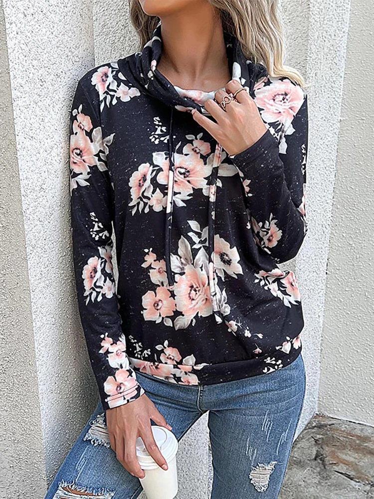 Women Fall Winter Casual Pullover Sweatshirts Long Sleeve Oversized Hoodies  Drawstring Floral Print Classic Holidays Clothes with Pockets hot pink