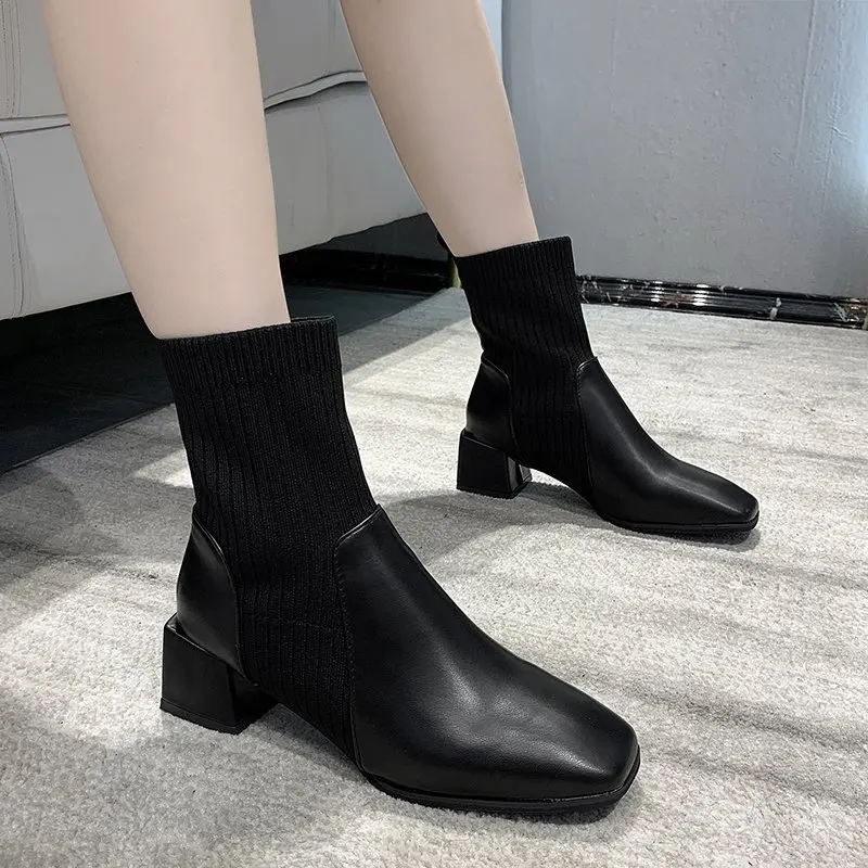 

New Autumn Ankle Boots Luxury Sock Boots Chunky Winter Shoes Brand Designer Stretch Fabric Slip On Square High Heels Women Boots