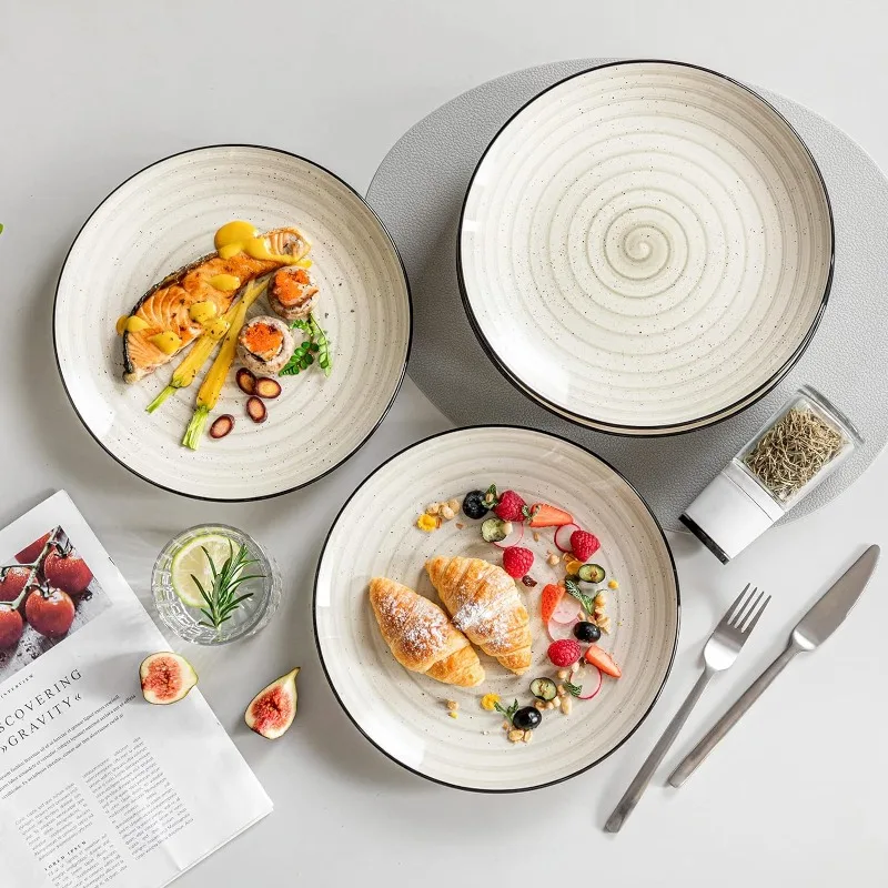 Stoneware Dinnerware Sets 24 Pieces Bonbon Beige Dinner Set, Plates and Bowls Sets with Dinner Plates Pasta Bowls Soup