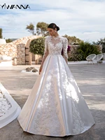 Modest High Collar Long Sleeve Wedding Dress Sparkly 3D Flower Bride Robe Elegant Satin Bridal Gown Customized Robe De Mariée 1