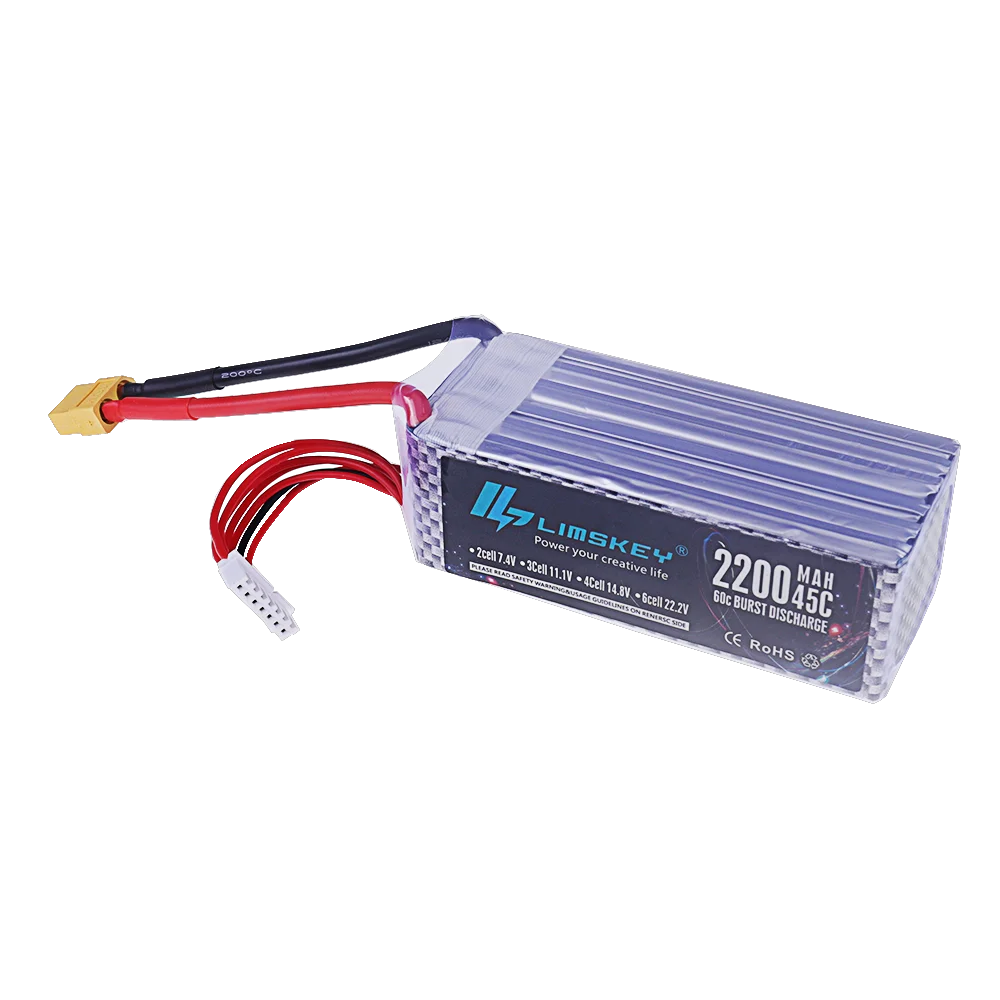 Batterie LiPo 6S 22.2V 7200mAh avec étiquette indiquant les spécifications et les connecteurs