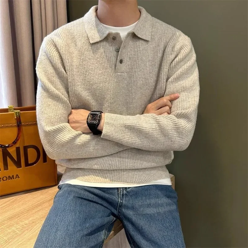 Pull décontracté pour homme, automne-hiver, mode coréenne, pull minimaliste, pull en maille épaisse et douce, style Old Money, pulls polo en maille, pull en tricot 1