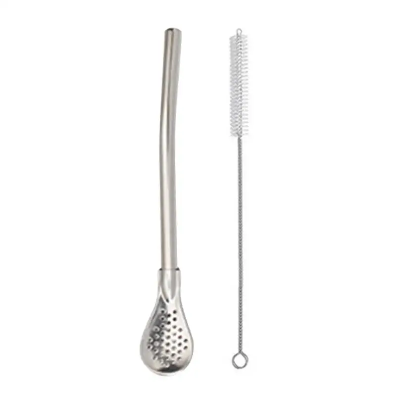 Removable Stainless Steel Straw Filter Spoon with Cleaning Brush Reusable Metal Straw Spoon Cocktail Stirrer for Drinking Tea