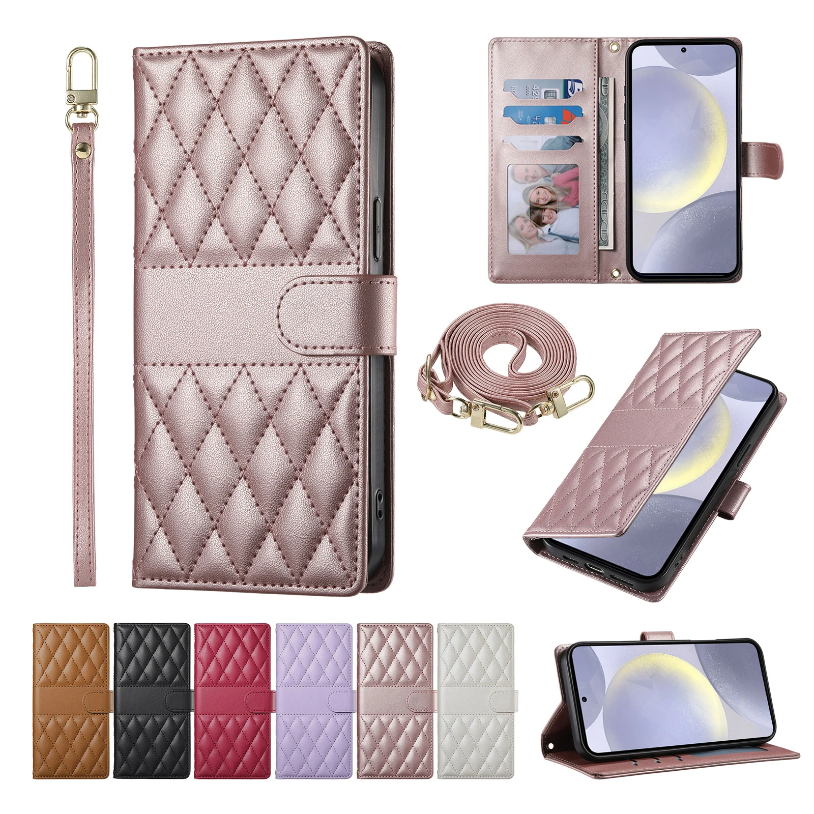 Crossbody Leather Card Slot Wallet with Grid Lanyard Flip Cover