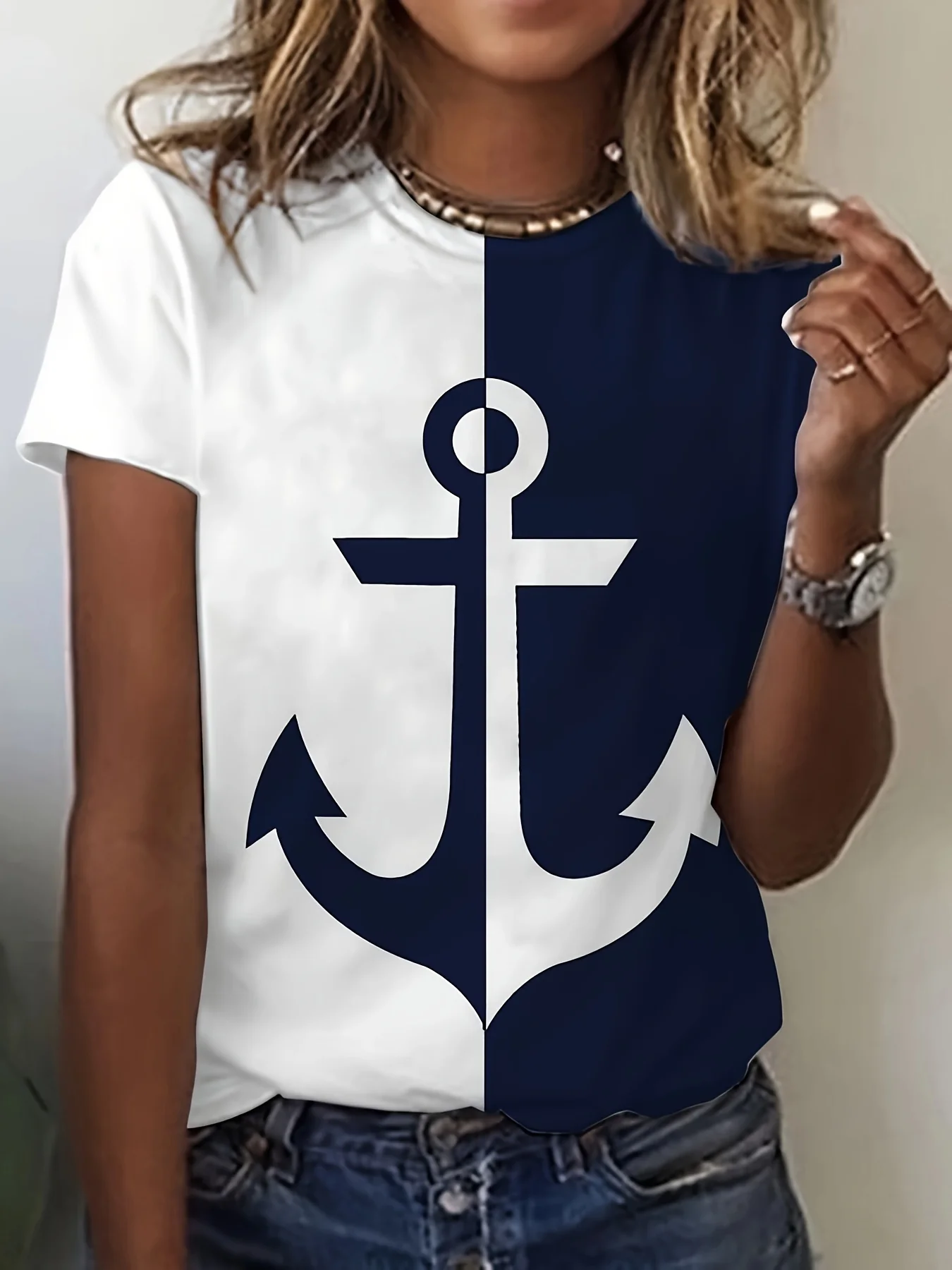 

2024 New Style T-Shirt For Women Anchor Print Top Summer Oversized T-Shirts For Women's Clothing O-Neck Female Fashion Plus Size