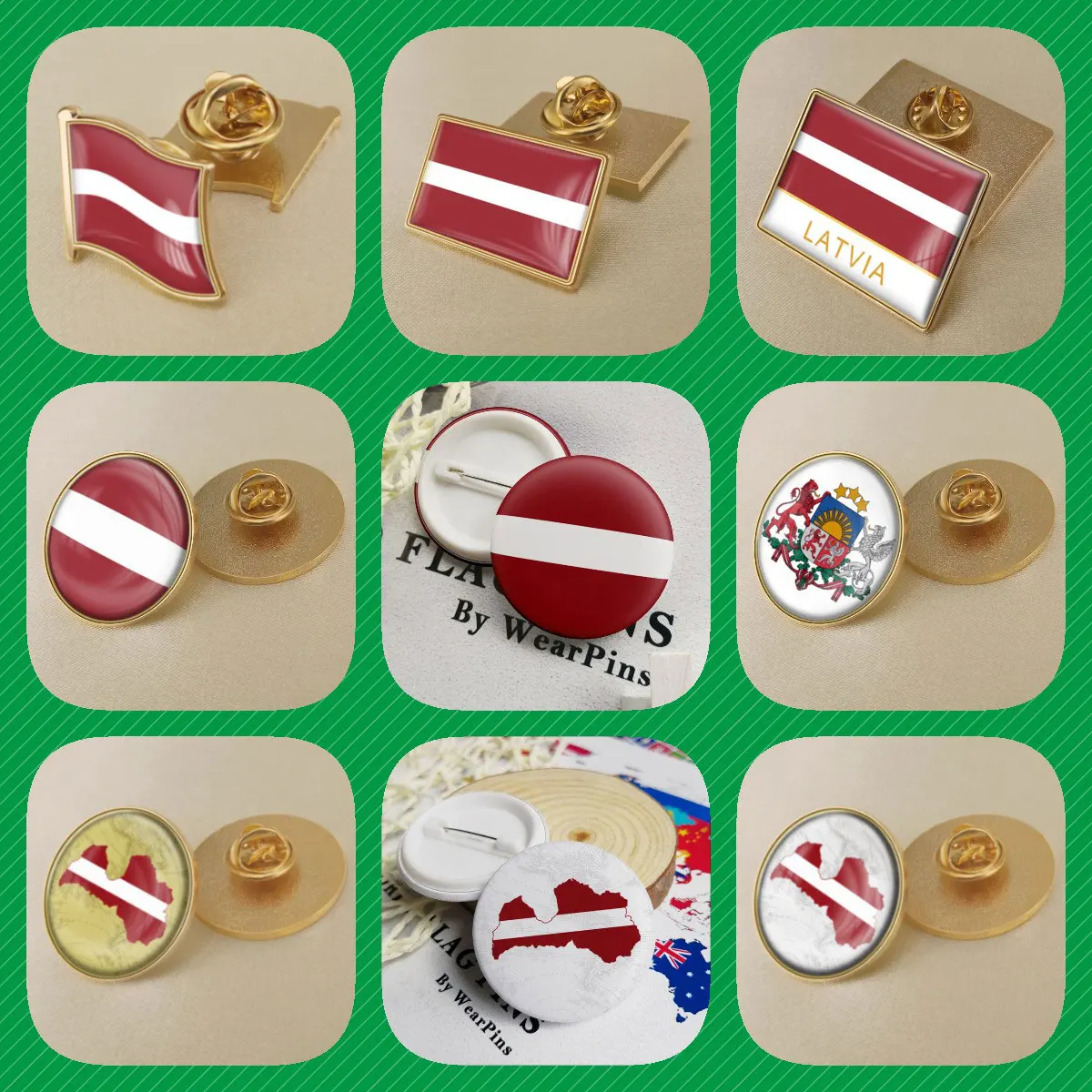 

Latvia Latvians Map Flag National Emblem National Flower Brooches Badges Lapel Pins