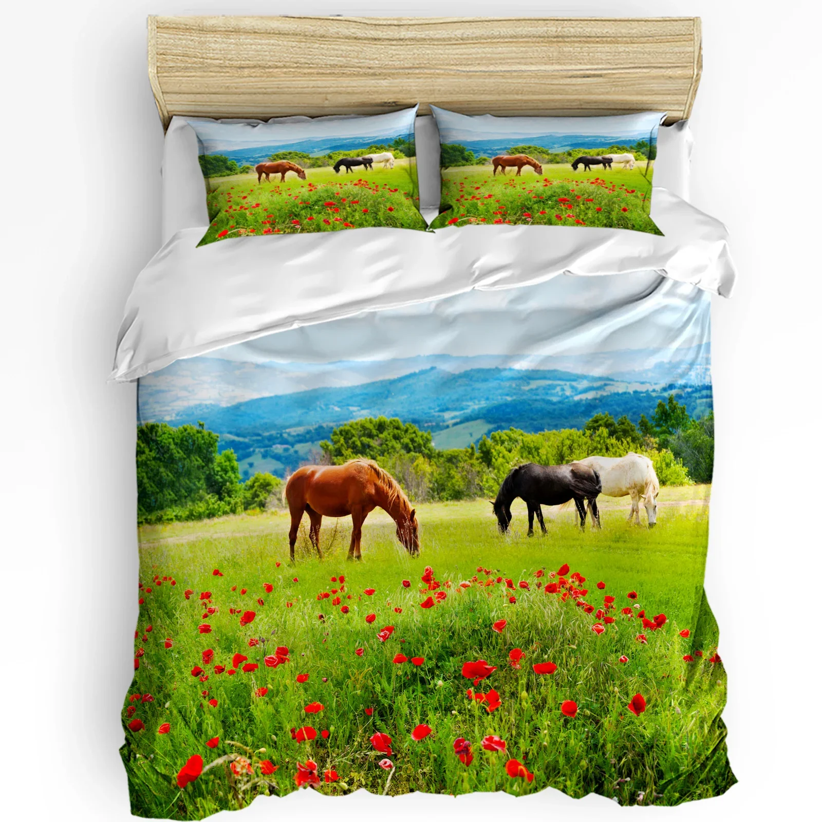 

Pasture Meadow Horses Flowers 3pcs Bedding Set For Bedroom Double Bed Home Textile Duvet Cover Quilt Cover Pillowcase