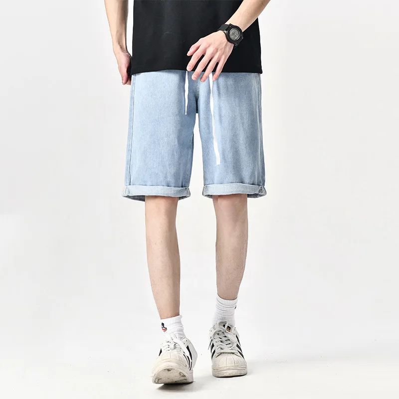

2023 Summer New Vintage Light Blue Men's Elastic Waist Ruched Denim Shorts Korean Fashion Casual Drawstring Straight Jeans