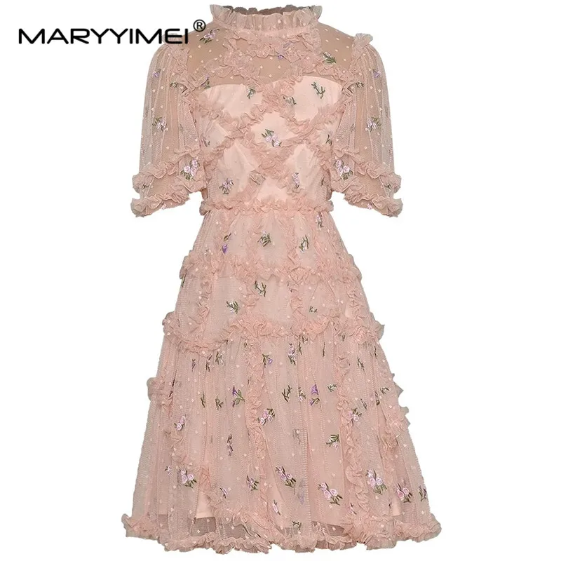 

MARYYIMEI Summer Fashion Designer Women dress Ruffled collar Short sleeved Flower embroidery Wood ear edge Ball Gown Dresses