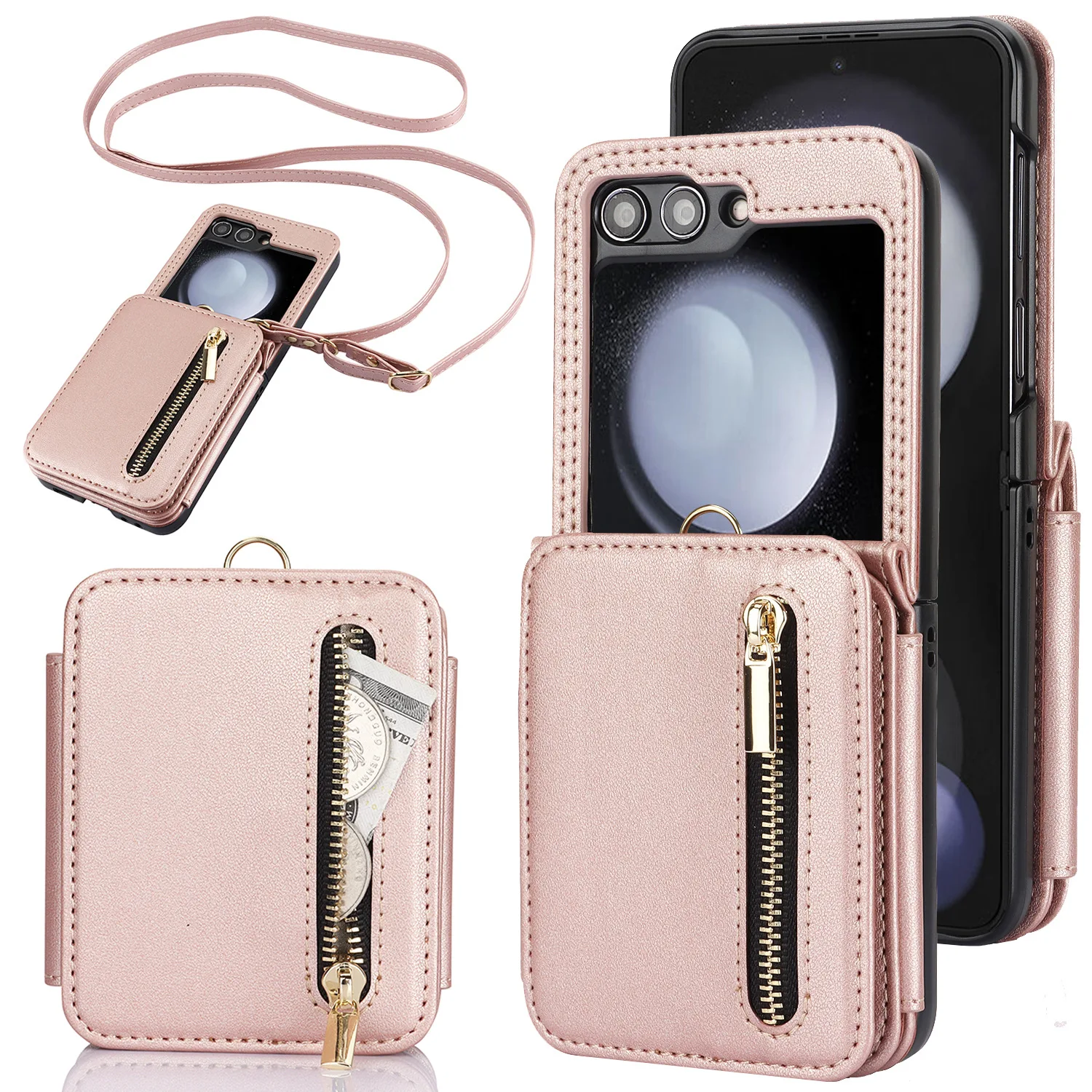 Luxury Leather Crossbody Lanyard Zipper Wallet Card Holder with Kickstand Protective Cover