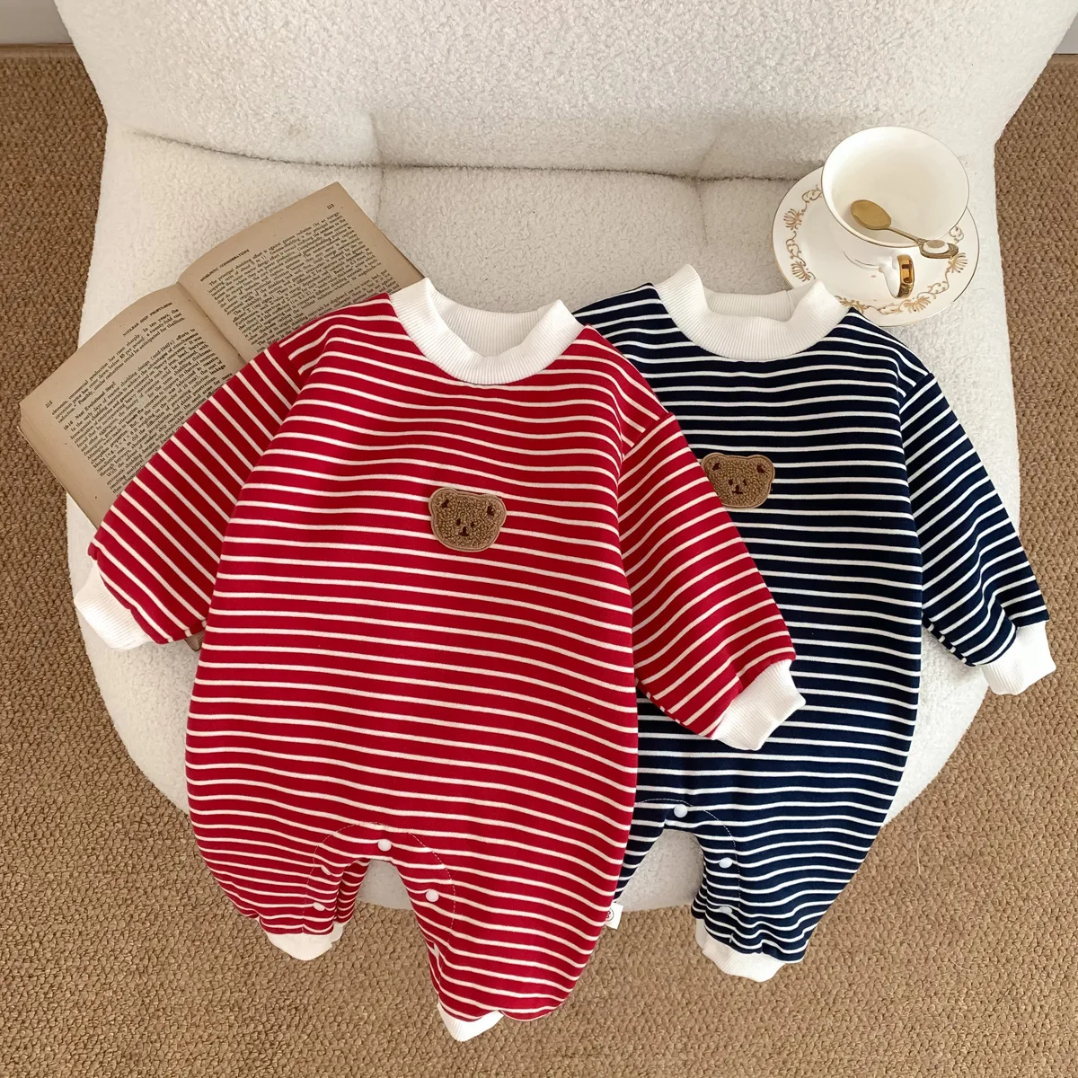 

0-2Y Baby Boy Clothes Cotton Black Red Striped Romper Bear Embroidery Toddler Jumpsuit Newborn Infant Girls Spring Fall Clothes