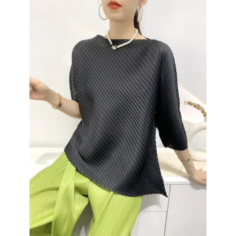 

Miyake Summer 2023 Women Rregular T-shirts Fold Pleated Tops Inclined Comfortable Solid Color Casual Elegant Aesthetic Clothes