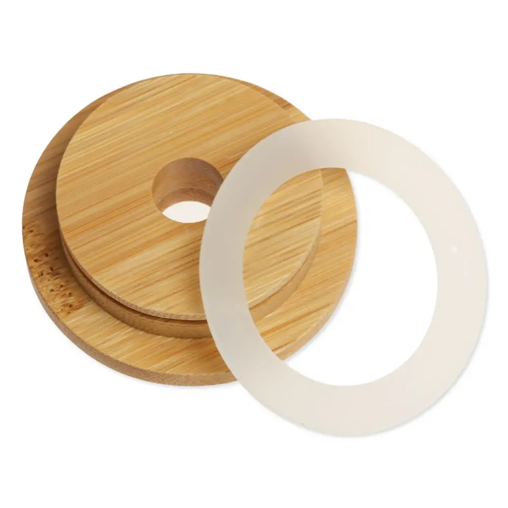 Reusable Covers Caps Storage Bottles Wide Mouth Cup With Straw Hole Mason Jar Lid Bamboo Wood Lids