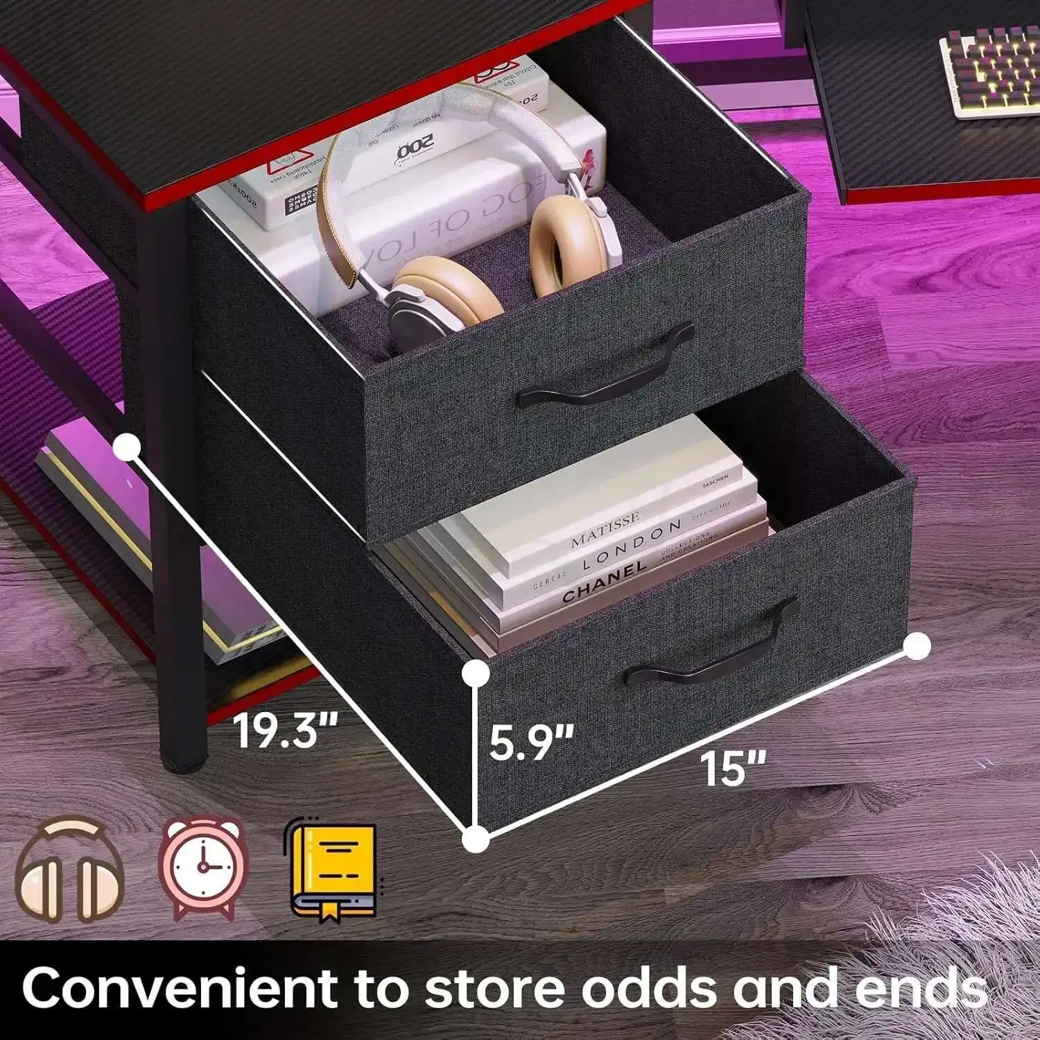 For 79" Gaming Desk, Computer Desk with 2 Fabric Drawers & LED Light, L Shaped Gaming Desk with Storage Shelf for Home Office