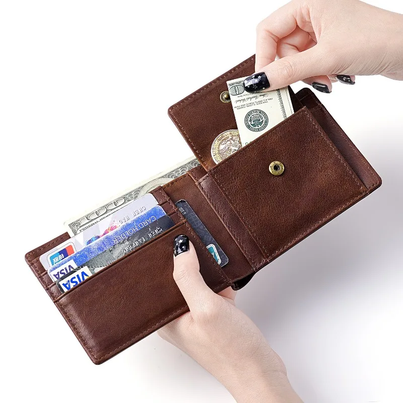 Nuovo Portafoglio da Uomo in Pelle Cerata con Clip Portasoldi Orizzontale, Stile Retrò in Pelle Bovina, Slot per Carte RFID Antifurto e Portamonete