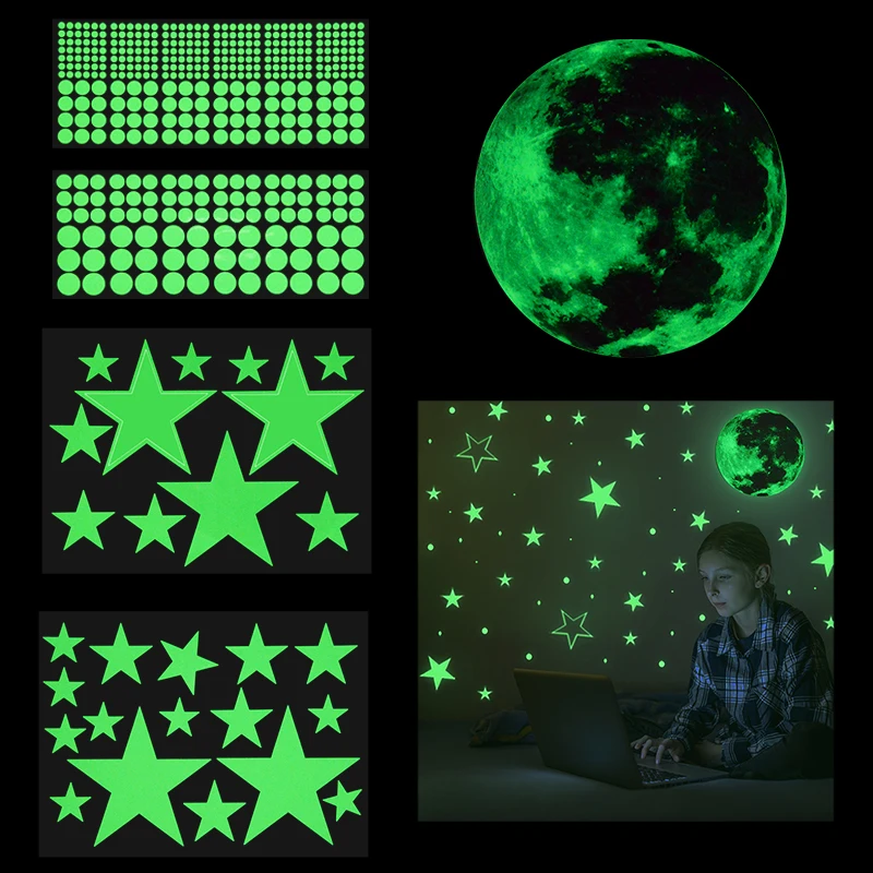 Luminescent Plane Moon Stars Wall Stikcers for Kids Baby Bedroom Decor 448 Packs Star Wall Sticker Decal Glow in Dark