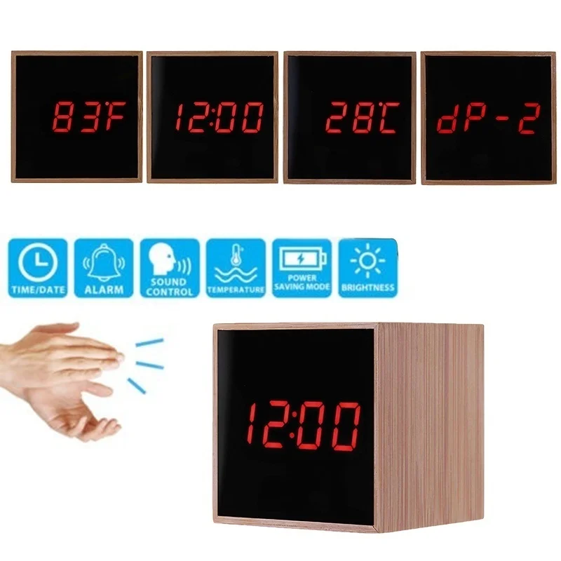 100% Bamboo LED Alarm Clocks Temperature Humidity Multifunction Digital Wooden Snooze Clock Voice Control Living Room Decoration 4